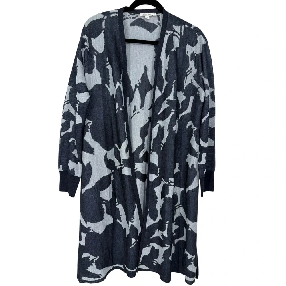 Chicos Women's Jacquard Floral Longline Open Front Cardigan Duster Size Medium